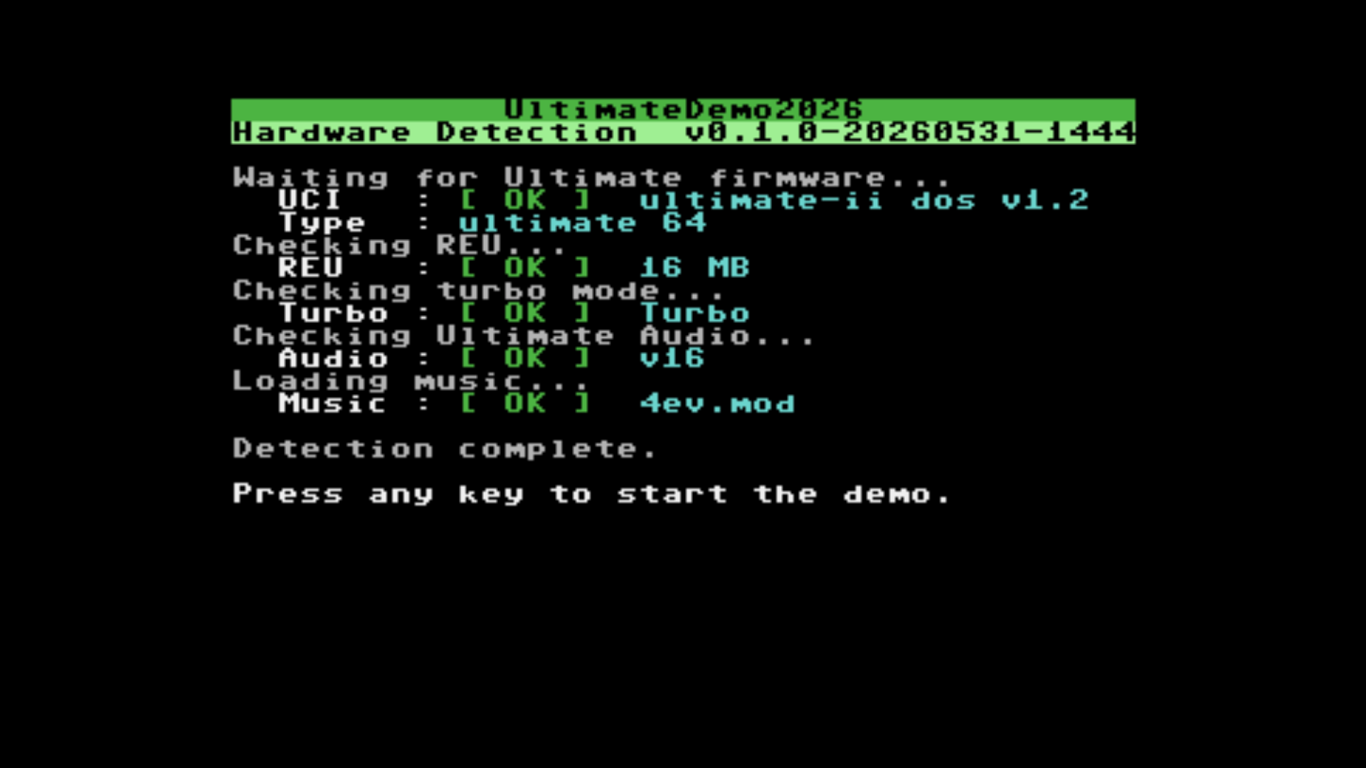 Hardware detection screen showing UCI, REU, turbo and audio probes -- all OK