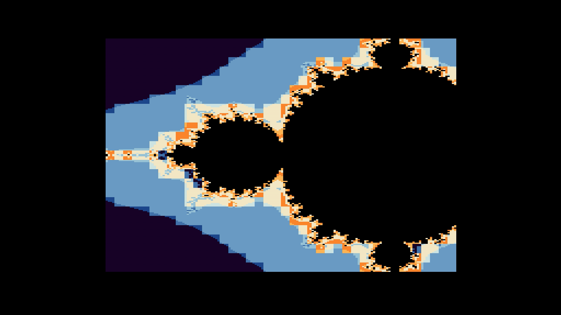 Mandelbrot fractal coloured by escape depth, cool-to-warm gradient rolling via UCI palette control