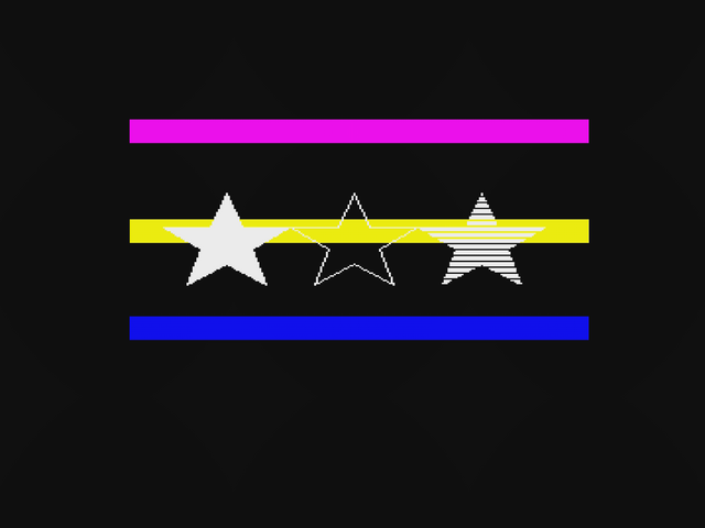 Raster IRQ showcase -- three colour bars over filled, outline, and hatched stars, driven by a 50Hz interrupt