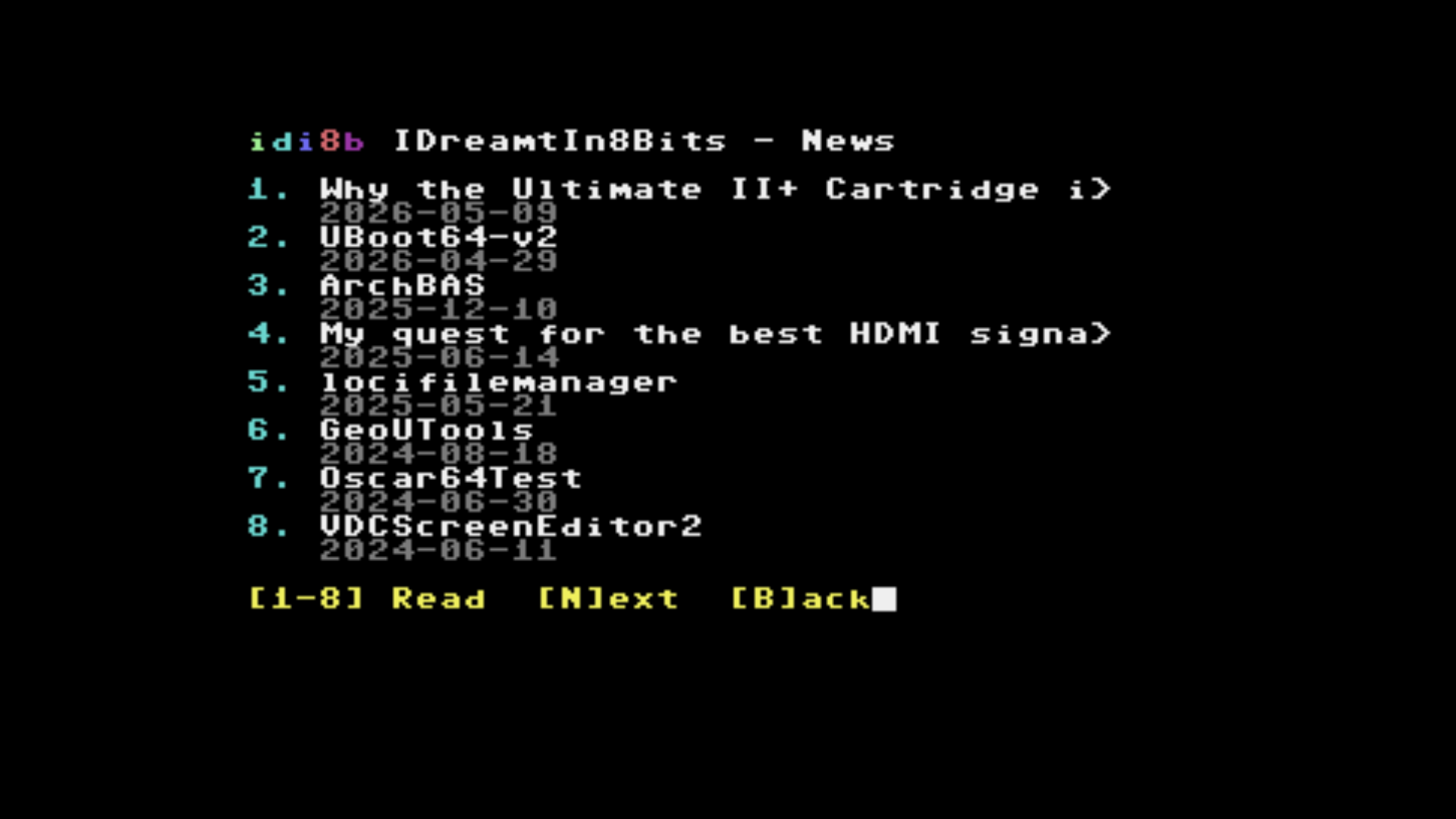 The News section on a Commodore 64 -- blog posts fetched live from the website API, shown in PETSCII 40-column mode