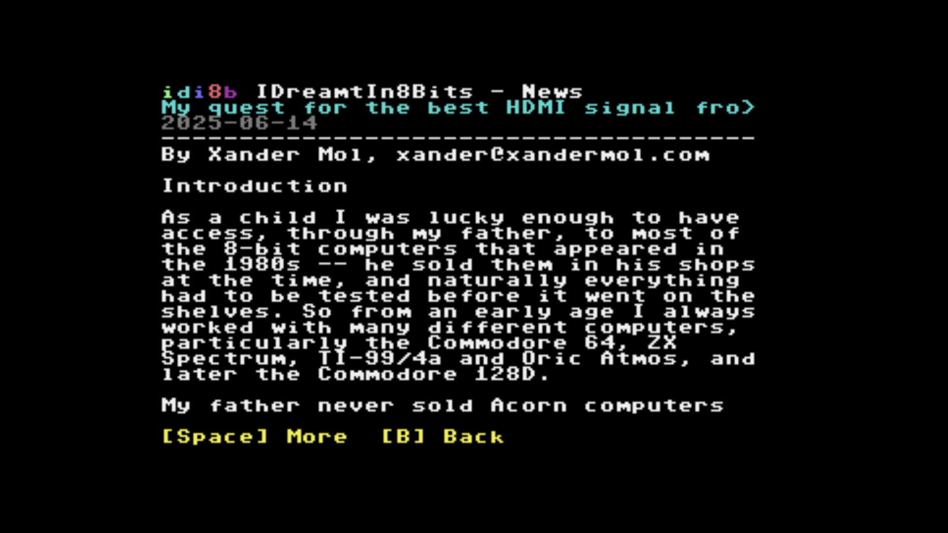 Reading a blog post on a Commodore 64 in PETSCII 40-column mode -- the text is reformatted to 38 columns and paginated