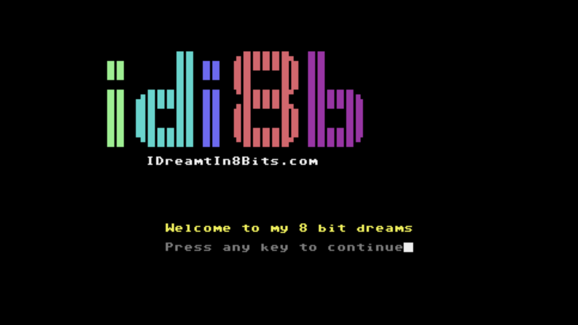 The IDreamtIn8Bits BBS splash screen as it appears when connecting from a Commodore 64