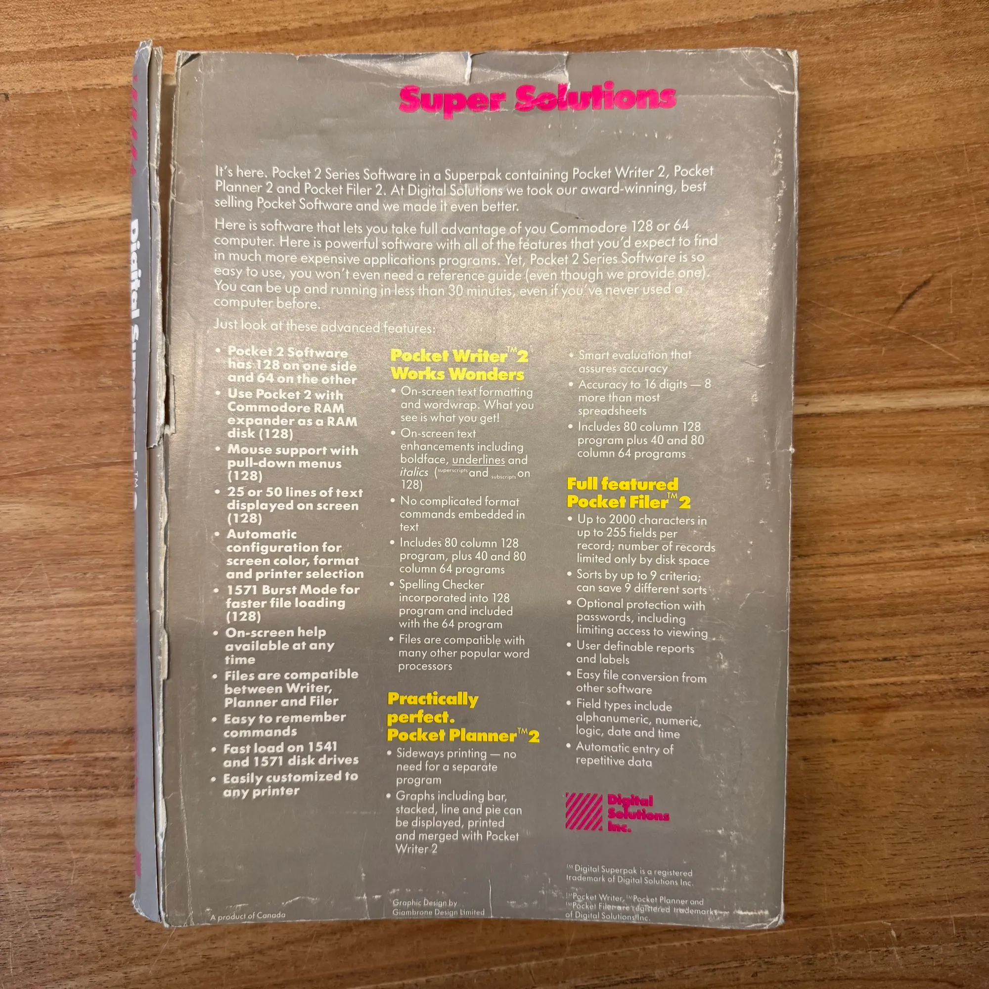 Digital Super Pak 2

Acquired this in an auction: this pack combines Pocket Writer 2, Pocket Planner 2 and Pocket Filer 2 for both C64 and C128 in one package.

#retro #8bit #Commodore #C128 #Commodore128