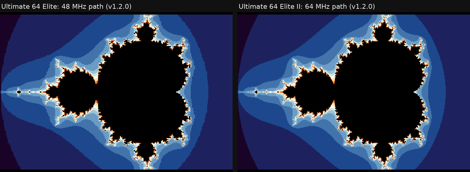 v1.2.0 on both paths: the Ultimate 64 Elite at 48 MHz (left) and the Elite II at 64 MHz (right), now filling the full width