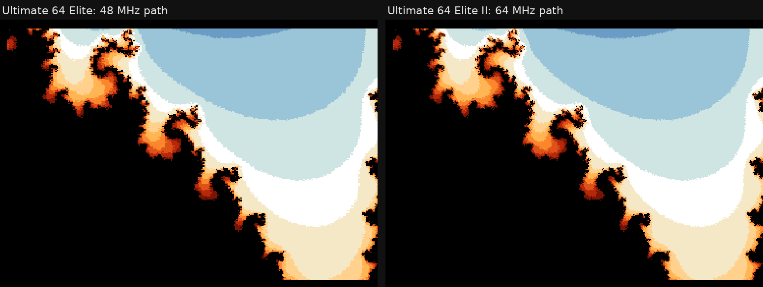 The same PRG on both paths at maximum zoom: the 48 MHz path on an Ultimate 64 Elite (left) and the 64 MHz path on an Ultimate 64 Elite II (right), captured from the video stream